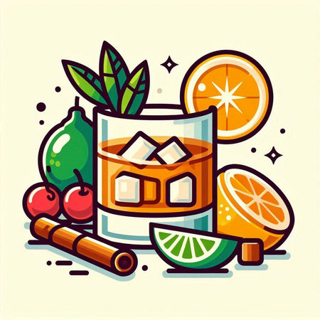 Cocktail with rum, orange, lime and cinnamon. Vector illustrationのイラスト素材