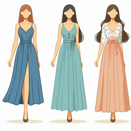 Vector illustration of a set of women's dresses in different styles.のイラスト素材