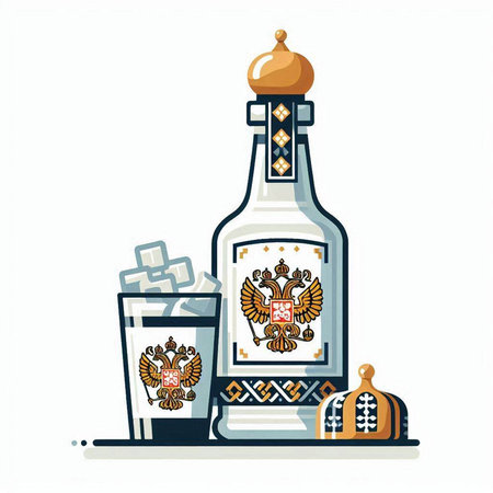 Alcoholic drinks. Vector illustration of a bottle of vodka and a glass of latte.のイラスト素材