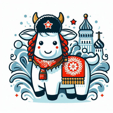 Cute cartoon unicorn in a red scarf on the background of St. Basil's Cathedral. Vector illustration.のイラスト素材