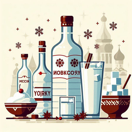 Alcoholic beverages and christmas food. Vector illustration in flat style.のイラスト素材