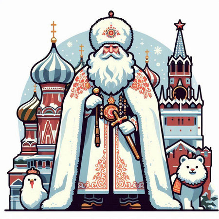 Santa Claus with a dog on the background of the Kremlin. Vector illustration.のイラスト素材