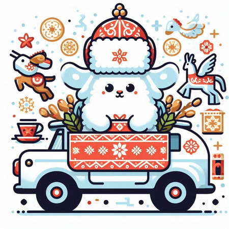 Cute cartoon christmas dog with gift box. Vector illustration.のイラスト素材