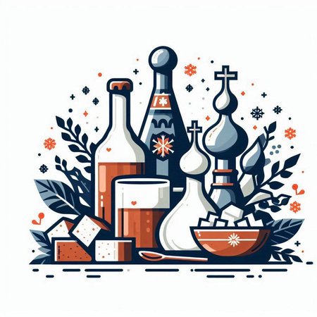 Vector illustration of Russian culture symbols in flat line style. Isolated objects on white background.のイラスト素材