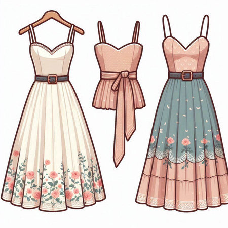 Women's dresses with floral pattern. Vector illustration in retro style.のイラスト素材