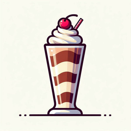 Milkshake with whipped cream and cherry in glass. Vector illustration.のイラスト素材
