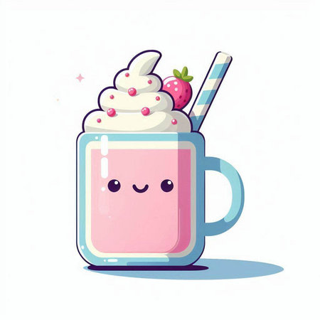 Cute pink milkshake with whipped cream and straw. Vector illustration.のイラスト素材