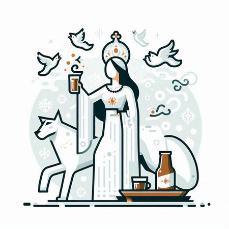 Vector illustration of Mary with baby Jesus and christmas decoration. Line art design for web, site, advertising, banner, poster, board and print.のイラスト素材