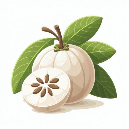Sapodilla fruit with green leaves on white background. Vector illustration.のイラスト素材