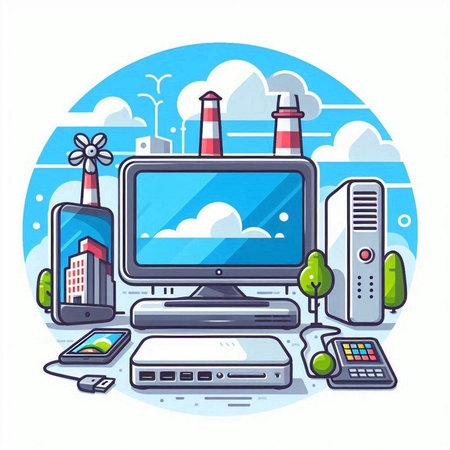 Smart factory, computer and mobile phone. Vector illustration in flat styleのイラスト素材