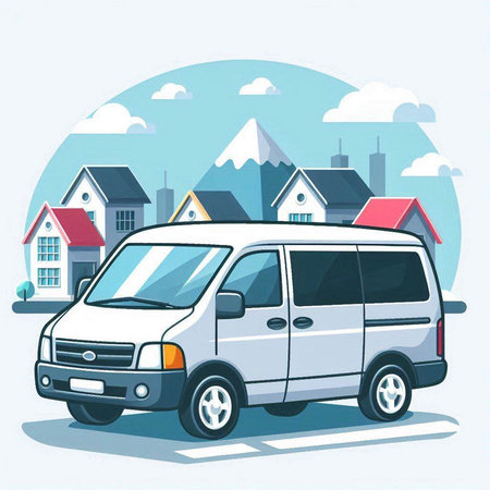 Van with cityscape on background. Vector illustration in cartoon style.のイラスト素材