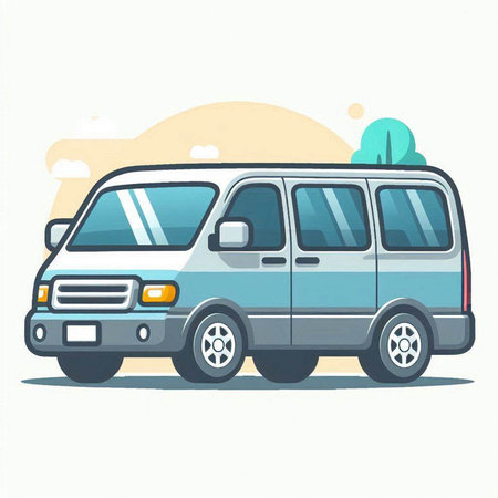 Van on the road. Vector illustration in cartoon style. Isolated on white background.のイラスト素材