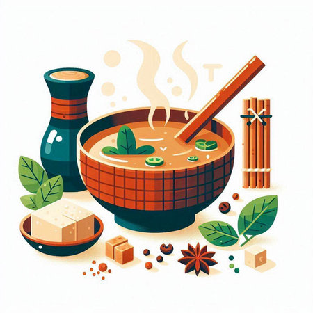 Vector illustration of traditional asian soup with herbs and spices on white backgroundのイラスト素材
