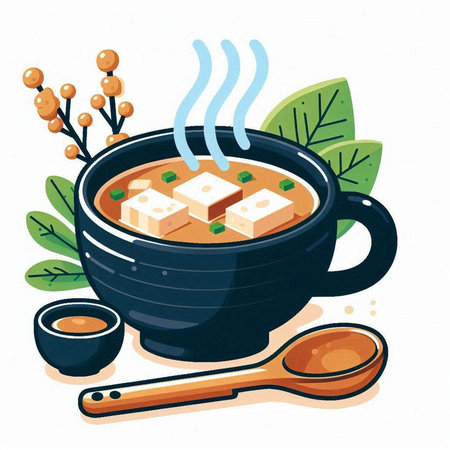 Soup with tofu and soy sauce in a bowl. Vector illustration.のイラスト素材