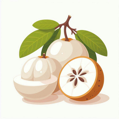 Fresh longan fruit with leaves isolated on white background. Vector illustration.のイラスト素材