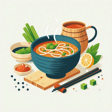 Japanese soup with noodles, vegetables and sauce in a bowl. Vector illustration.のイラスト素材