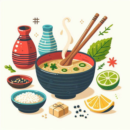 Japanese soup in bowl with chopsticks, soy sauce and lime. Vector illustration.のイラスト素材