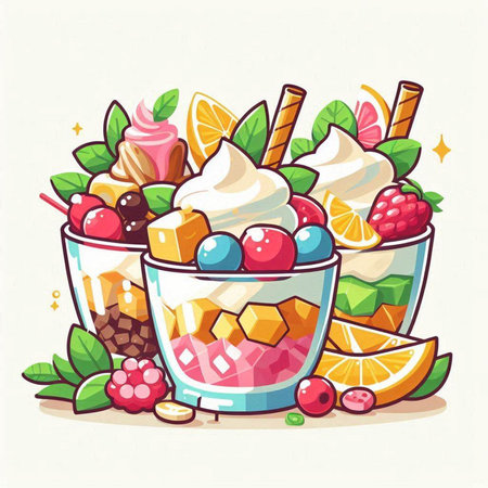 Ice cream with fruits and berries in a glass. Vector illustration.のイラスト素材
