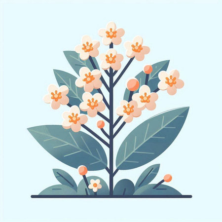 Flowering branch with leaves and flowers. Flat vector illustration.のイラスト素材