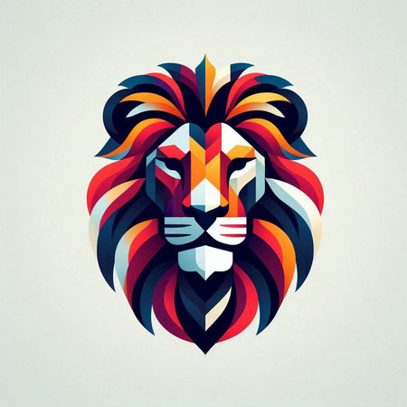 Lion head. Vector illustration of a lion head made of colorful geometric elements.のイラスト素材