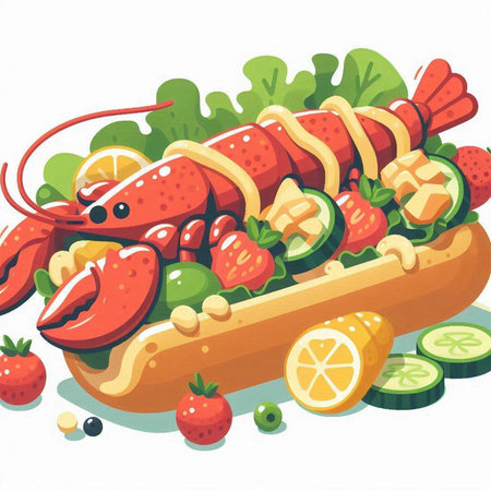 Lobster in hot dog with vegetables and lemon. Vector illustration.のイラスト素材