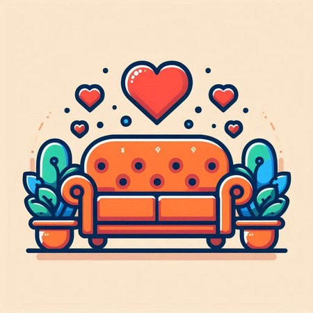 Vector illustration of cozy sofa with hearts and plants. Line art design for web, site, advertising, banner, poster, board and print.のイラスト素材