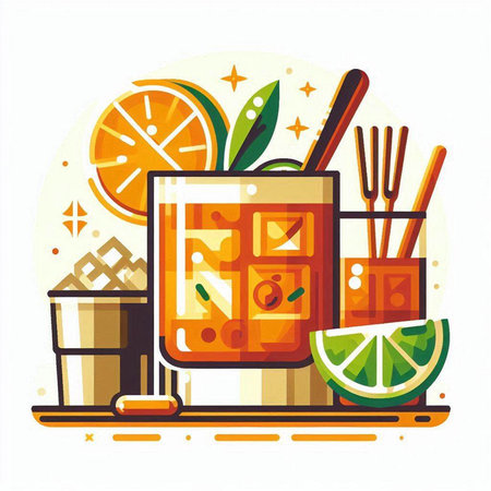 Cocktail with lime, ice and chopsticks. Vector illustrationのイラスト素材