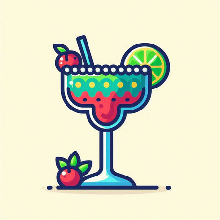 Cocktail with lime and berries. Vector illustration in flat styleのイラスト素材