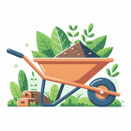 Garden wheelbarrow with soil and green leaves. Flat vector illustration.のイラスト素材