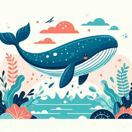 Cute cartoon whale in the ocean. Vector illustration in flat styleのイラスト素材