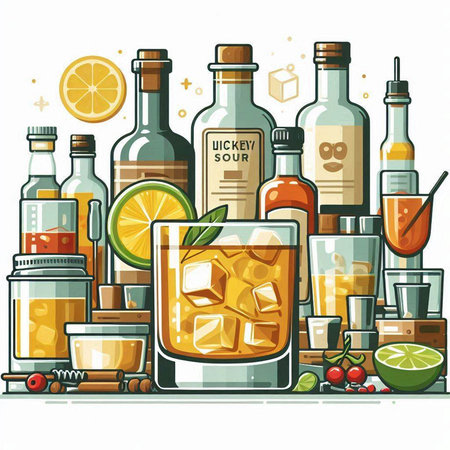 Alcoholic drinks set. Cocktail, whiskey, rum, gin, tequila, brandy, rum, brandy, gin, tequila, rum. Vector illustrationのイラスト素材