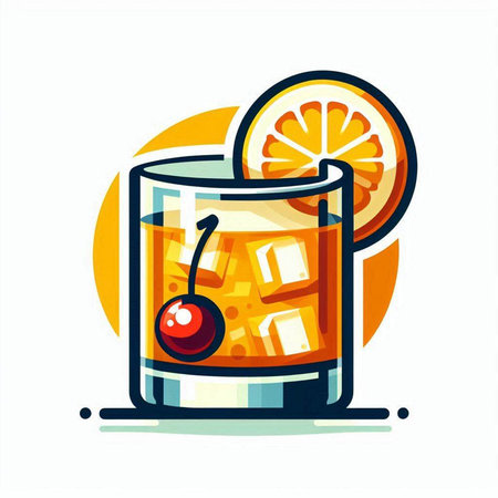 Cocktail with orange, cherry and ice. Vector illustration.のイラスト素材