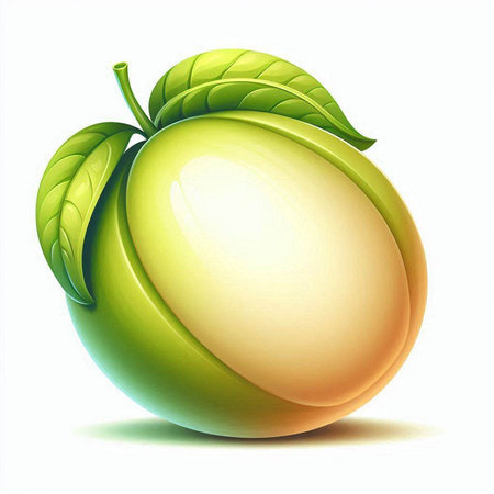 Illustration of a green apple with leaves on a white background.のイラスト素材