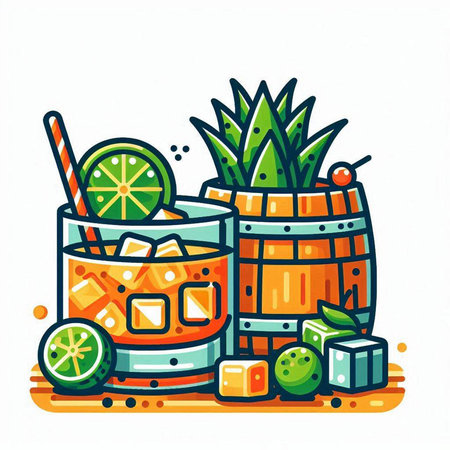 Cocktail with lime, pineapple and ice cubes. Vector illustration.のイラスト素材