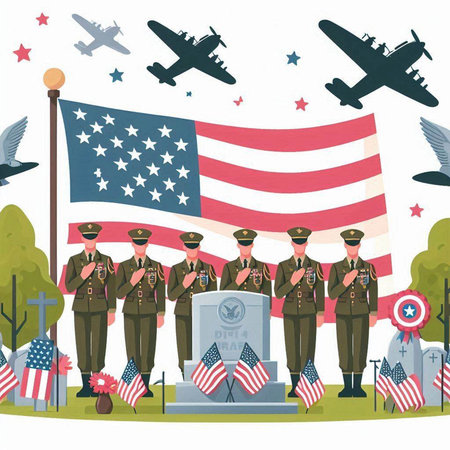 Vector illustration of American flag with soldiers and planes in the background.のイラスト素材