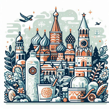 Beautiful vector illustration of Moscow Kremlin in hand drawn style. St. Basil's Cathedral, Russia.のイラスト素材