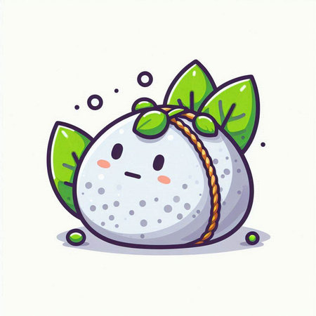 Cute cartoon snowball with green leaves on white background. Vector illustration.のイラスト素材