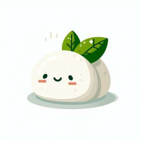 Cute cartoon mozzarella cheese with green leaves. Vector illustration.のイラスト素材