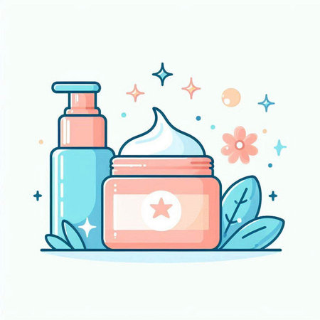 Cosmetic cream in a jar with a star and flowers. Vector illustration.のイラスト素材