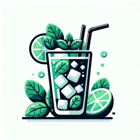 Cocktail with ice cubes and mint leaves. Vector illustration.のイラスト素材