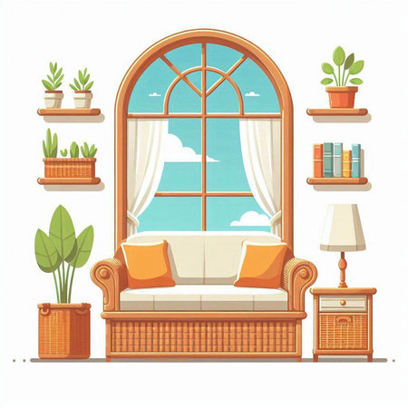 Living room interior with window, sofa, bookshelf and plants. Vector illustrationのイラスト素材