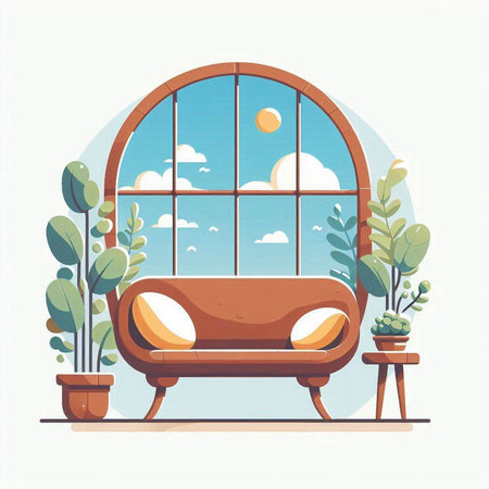 Living room interior with a window, sofa and plants. Flat vector illustration.のイラスト素材