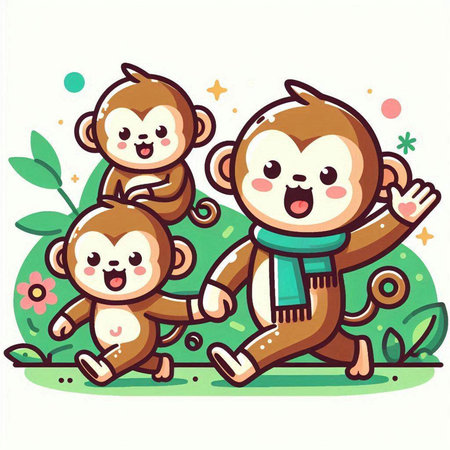 Monkey family in the garden. Cute cartoon vector illustration.のイラスト素材