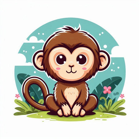 Cute monkey sitting on the grass. Vector illustration isolated on white background.のイラスト素材