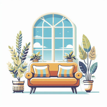 Living room interior with window, sofa and plants. Vector illustration.のイラスト素材