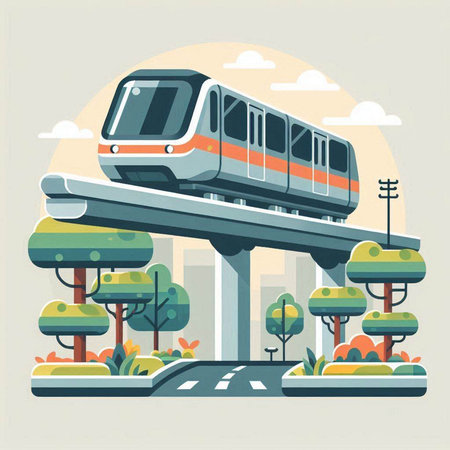 Train on the road in the city. Vector illustration in flat styleのイラスト素材