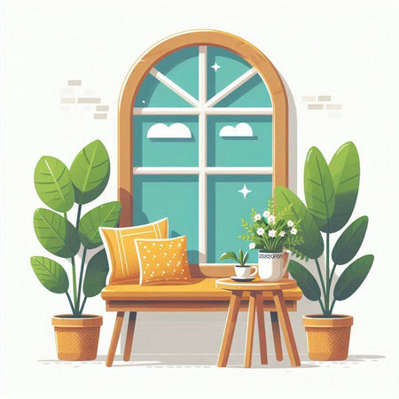 Vector illustration of a room with a window, a chair and a tableのイラスト素材