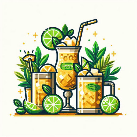 Tropical summer cocktail with lemon and lime. Vector illustration.のイラスト素材