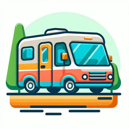 Camper car on road. Camping van. Vector illustration.のイラスト素材