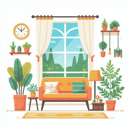 Living room interior with sofa, window, plants and clocks. Vector illustration.のイラスト素材